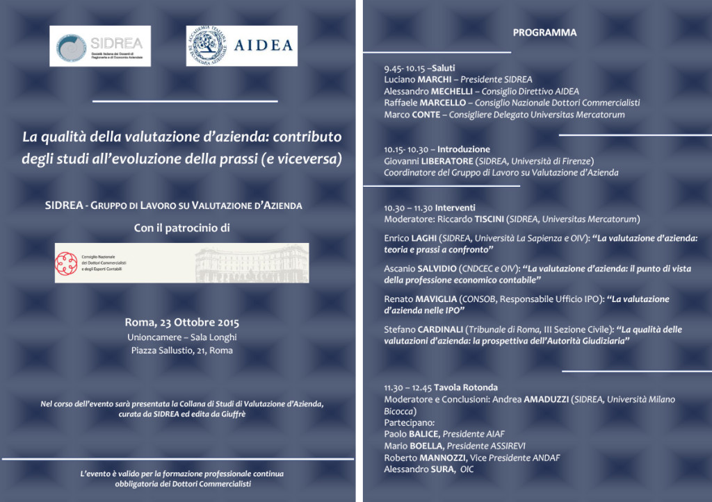 Convegno “La qualità della valutazione d’azienda: contributo degli studi all’evoluzione della prassi (e viceversa)”